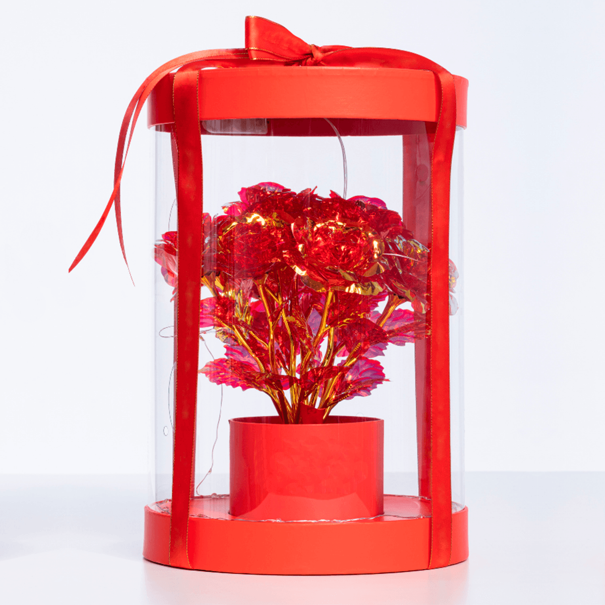Rosa Schachtel mit roten ewigen Rosen LED-Strauß