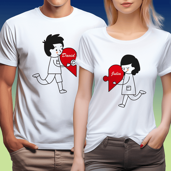 Satz von 2 T - Shirts ZWEI HÄLFTEN EINES HERZENS - personalisiertes Geschenk für Paar - Adamell.de