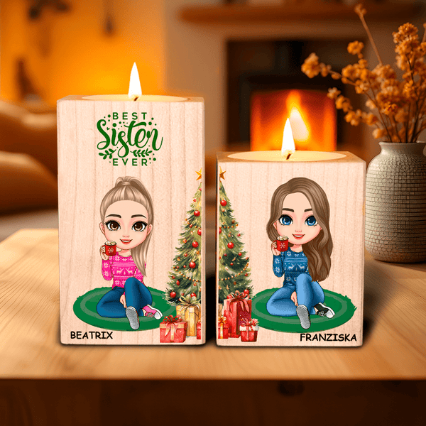 Schwestern zur Weihnachtszeit - 2 x Kerzenständer aus Holz, personalisiertes Geschenk für Schwester - Adamell.de