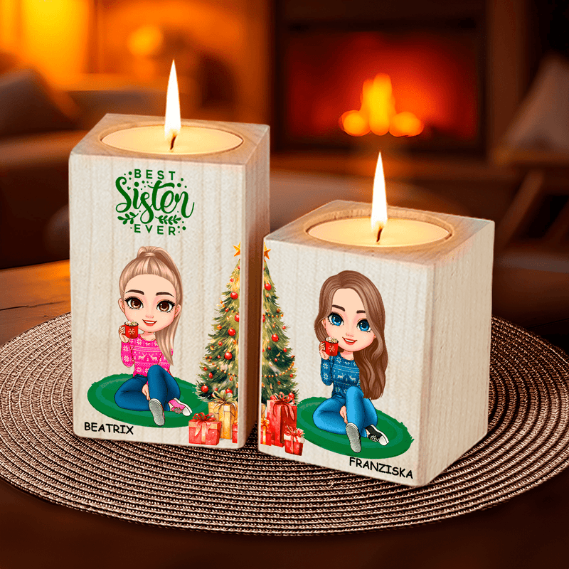 Schwestern zur Weihnachtszeit - 2 x Kerzenständer aus Holz, personalisiertes Geschenk für Schwester - Adamell.de