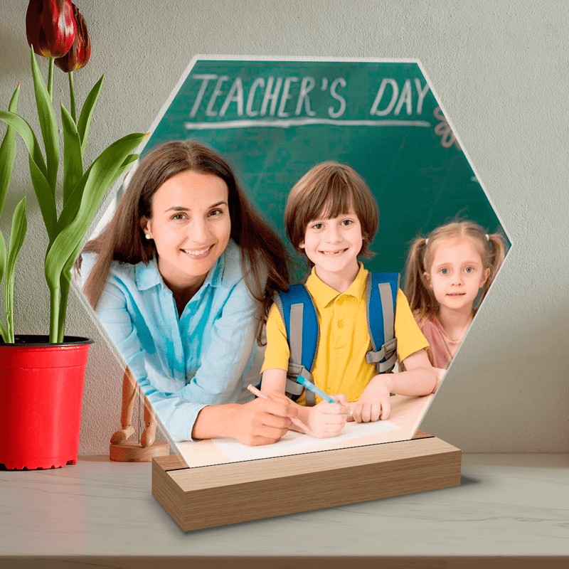Sechseckfoto mit Lehrer - Druck auf Glas, personalisiertes Geschenk für Lehrer - Adamell.de