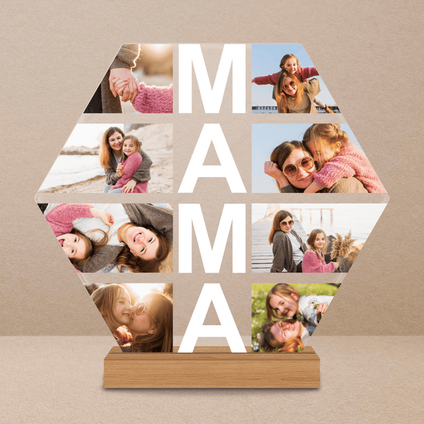 Sechseckige Collage aus 8 Fotos MAMA - Druck auf Glas, personalisiertes Geschenk für Mama - Adamell.de