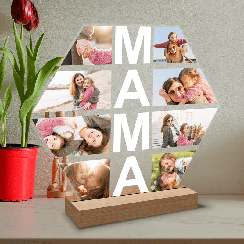 Sechseckige Collage aus 8 Fotos MAMA - Druck auf Glas, personalisiertes Geschenk für Mama - Adamell.de