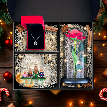 Druck auf Glas TANTE + Ewige Rose + Anhänger - Geschenkset 3 in 1, personalisiertes Geschenk für Tante