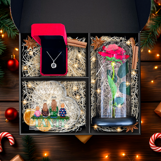 Druck auf Glas TANTE + Ewige Rose + Anhänger - Geschenkset 3 in 1, personalisiertes Geschenk für Tante