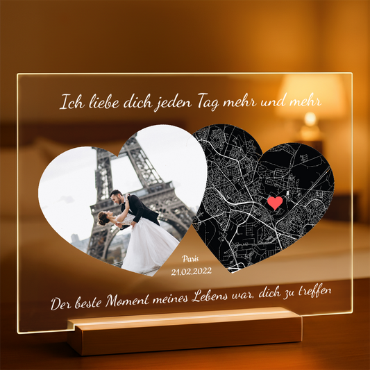 Karte des Treffens plus Foto - Druck auf Glas, personalisiertes Geschenk