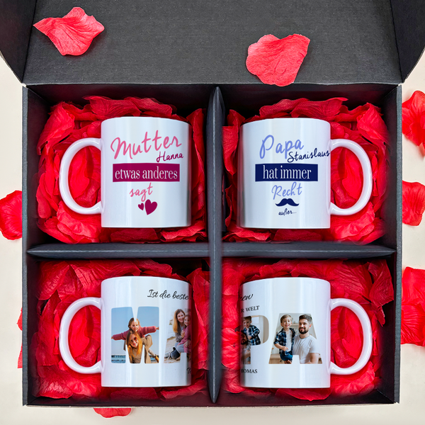 Tassen Set MAMA & PAPA - 4 x bedruckte Tasse, personalisiertes Geschenk für Eltern