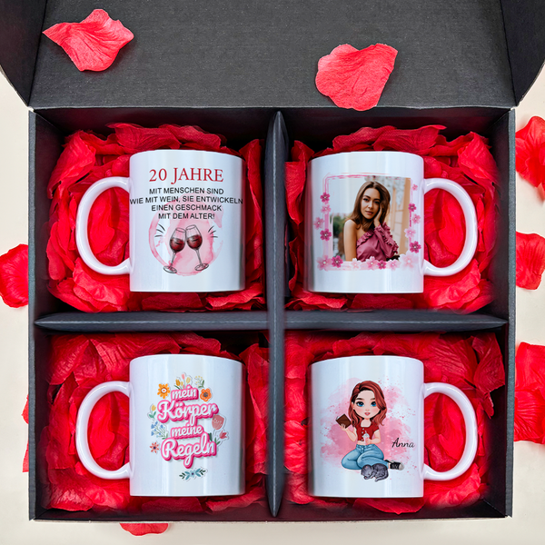 Tassen Set GEBURTSTAGE - 4 x bedruckte Tasse, personalisiertes Geschenk für Frau