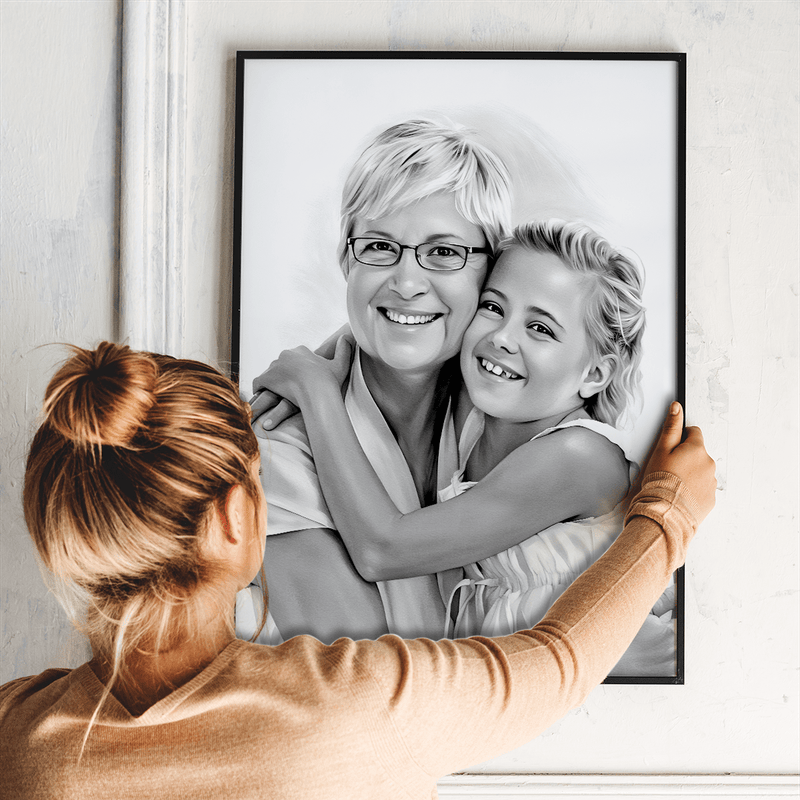 Skizze Oma und Enkelin - Poster, personalisiertes Geschenk für Oma - Adamell.de