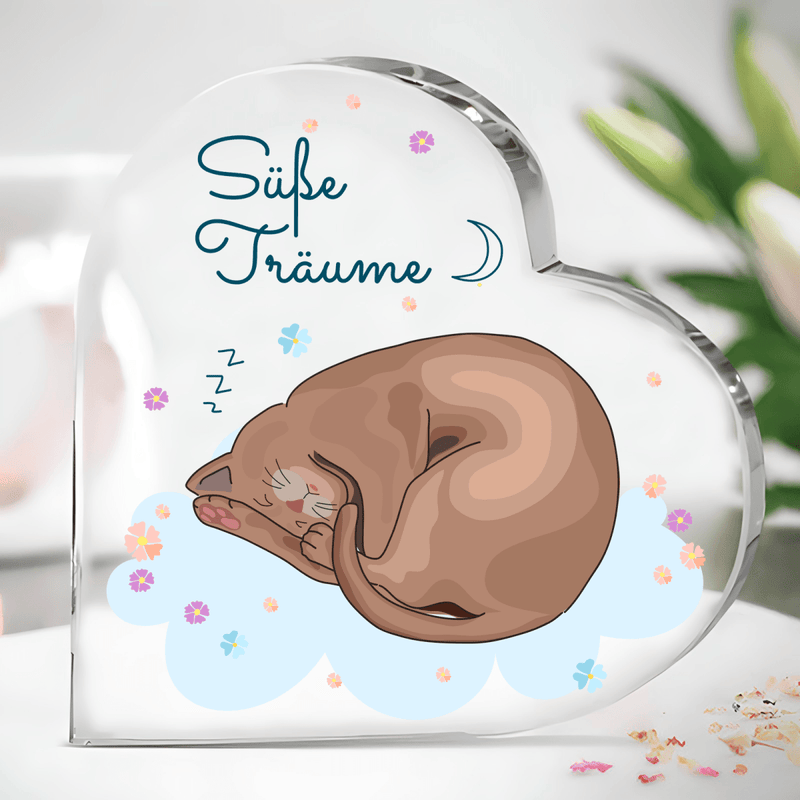 Süße Träume mit Katze - Herz aus Glas, personalisiertes Geschenk - Adamell.de
