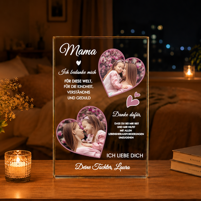 Mama Text + 2 Fotos im Herzen - Druck auf Glas, personalisiertes Geschenk für Mama