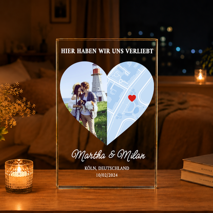 Hier haben wir uns verliebt - Druck auf Glas, personalisiertes Geschenk für Paare