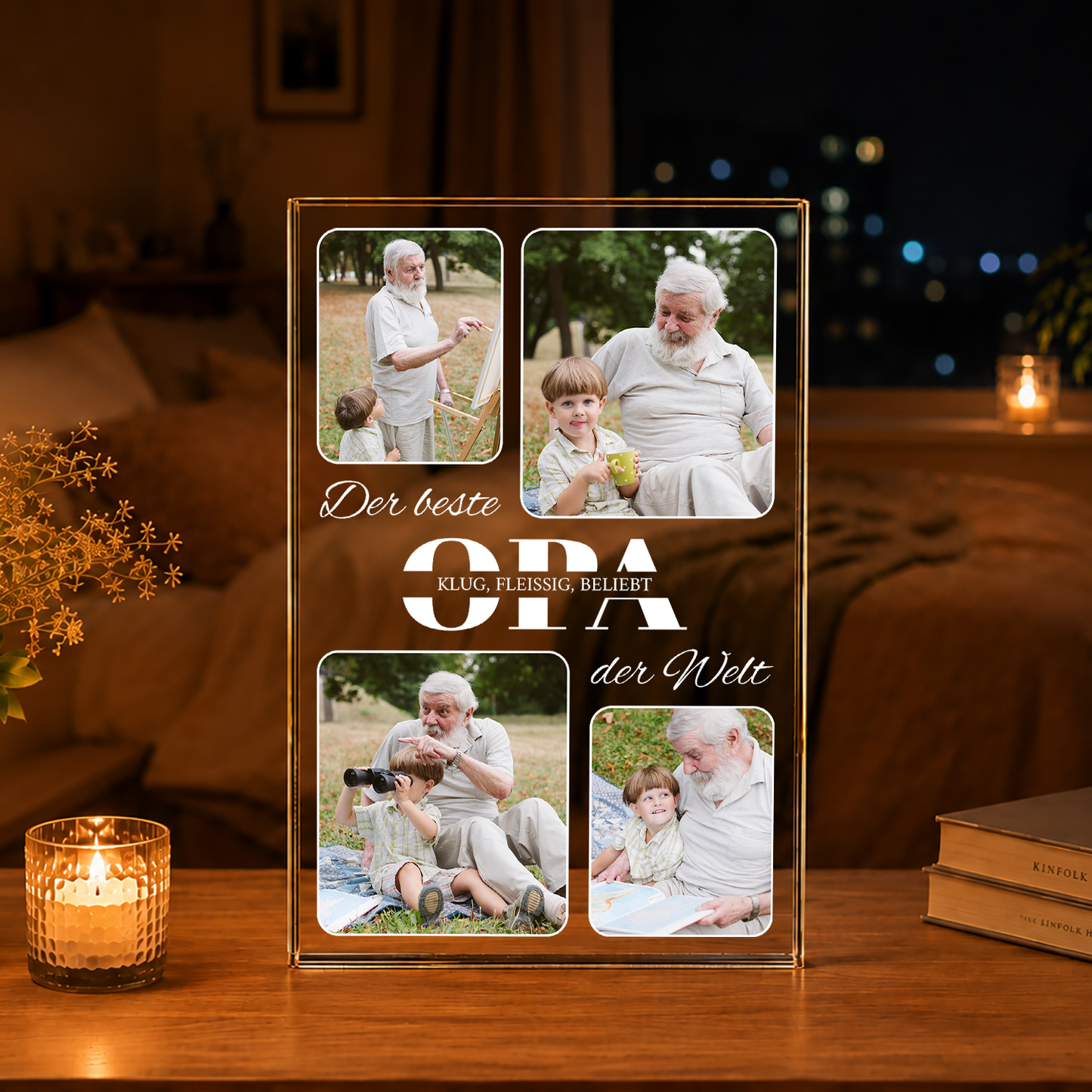 Collage aus 4 Fotos von Enkelkind und Großvater - Druck auf Glas, personalisiertes Geschenk für Opa
