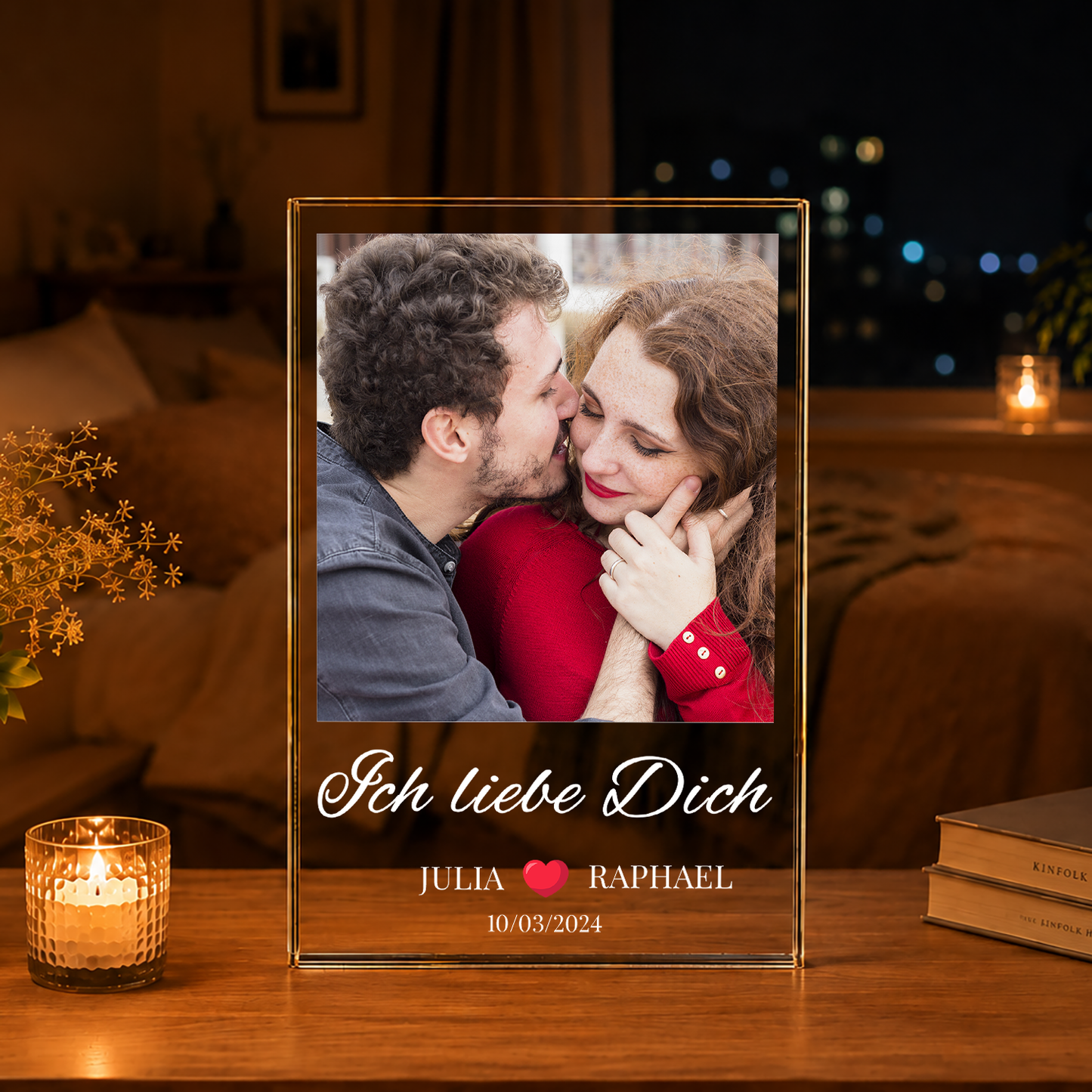 Foto der Liebenden + Aufschrift - Druck auf Glas, personalisiertes Geschenk für Paar