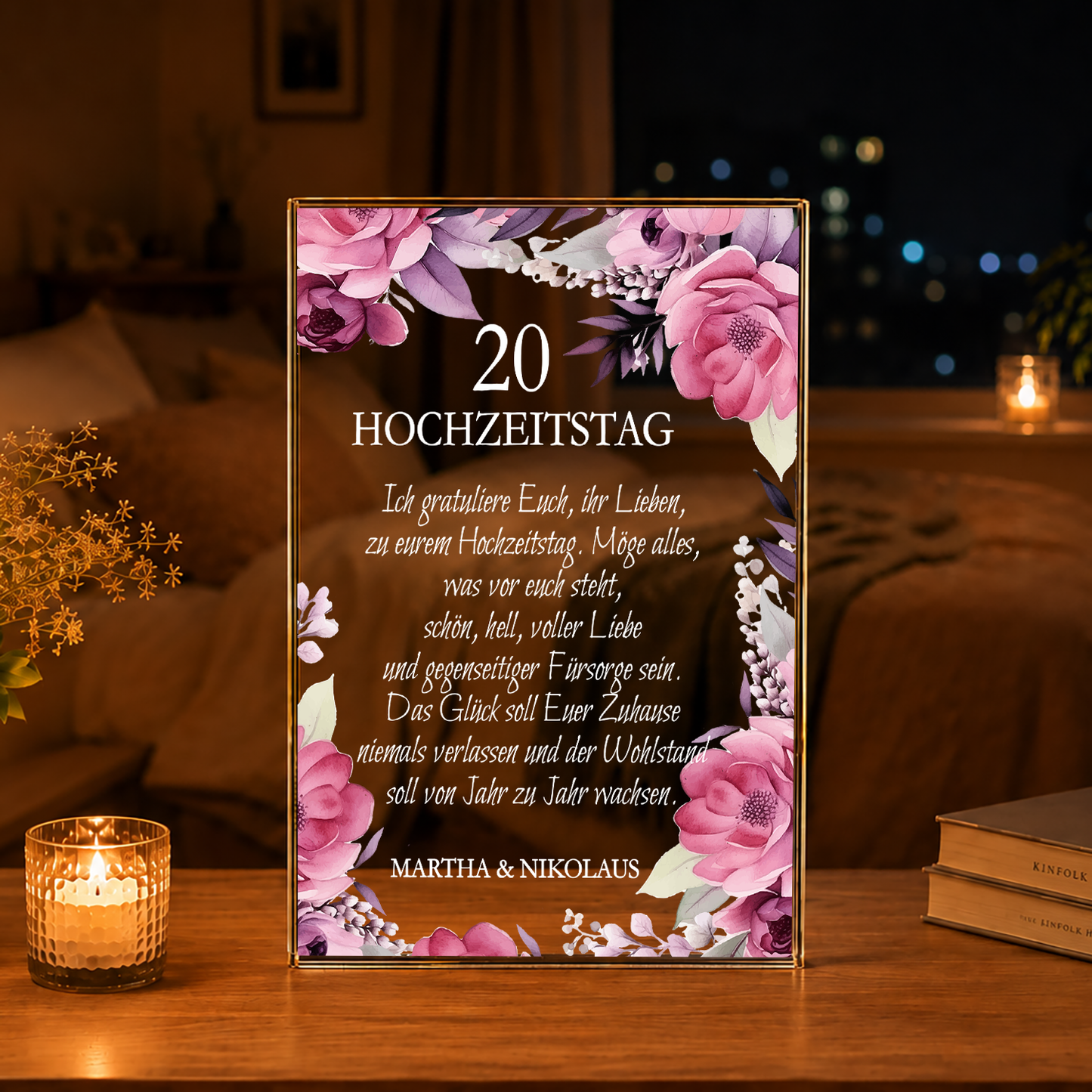 20. Hochzeitstag Wünsche - Druck auf Glas, personalisiertes Geschenk für Paar
