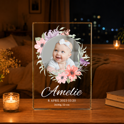 Babyfoto + Aufschrift - Druck auf Glas, personalisiertes Geschenk für Kind