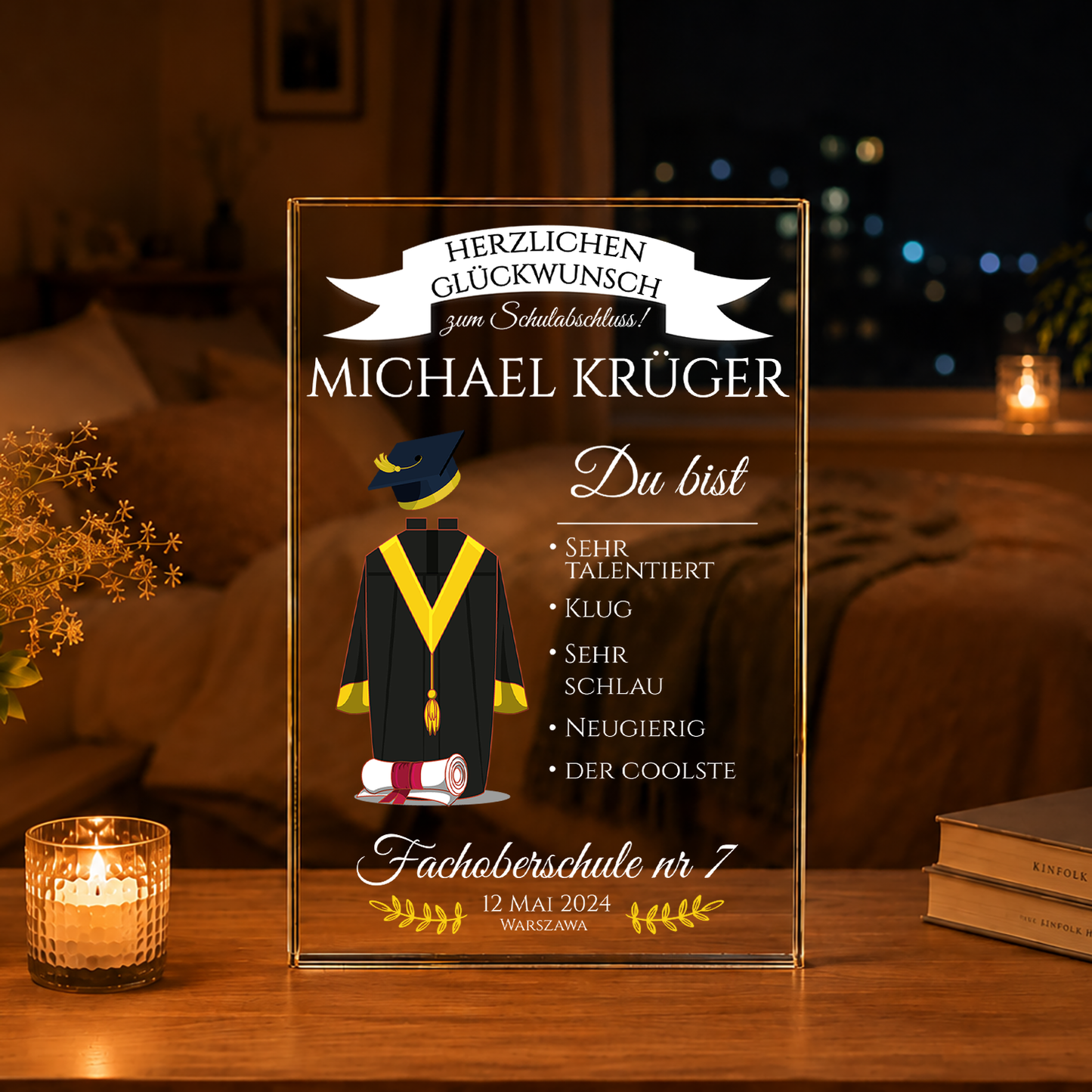 Herzlichen Glückwunsch zum Schulabschluss - Druck auf Glas, personalisiertes Geschenk für Absolventen