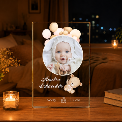 Rundes Foto des Kindes + Untertitel - Druck auf Glas, personalisiertes Geschenk für Kind