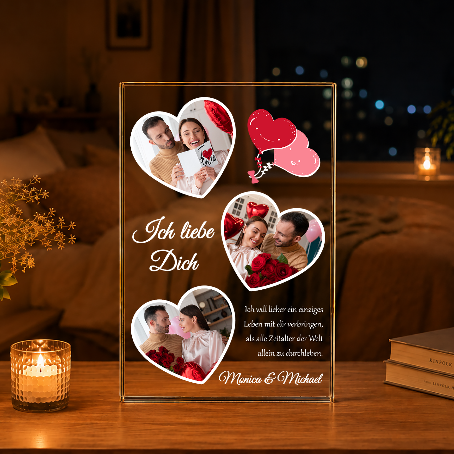 Collage 3 Bildern in Herzen - Druck auf Glas, personalisiertes Geschenk für Paar