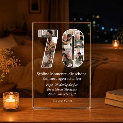 Dein 70. Geburtstag - Druck auf Glas, personalisiertes Geschenk für Familie