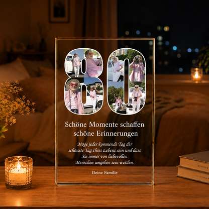 Herzliche Wünsche zum 80. - Druck auf Glas, personalisiertes Geschenk für Oma
