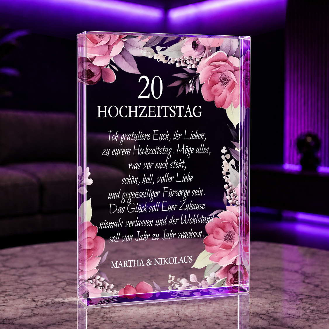 20. Hochzeitstag Wünsche - Druck auf Glas, personalisiertes Geschenk für Paar