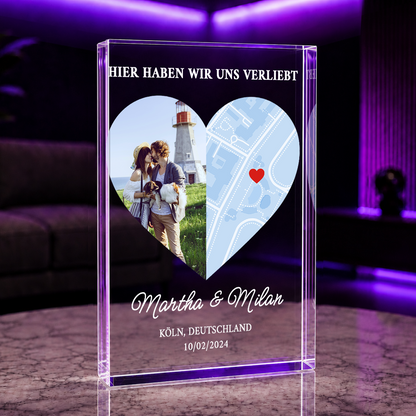 Hier haben wir uns verliebt - Druck auf Glas, personalisiertes Geschenk für Paare