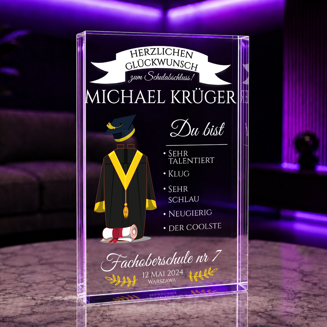 Herzlichen Glückwunsch zum Schulabschluss - Druck auf Glas, personalisiertes Geschenk für Absolventen