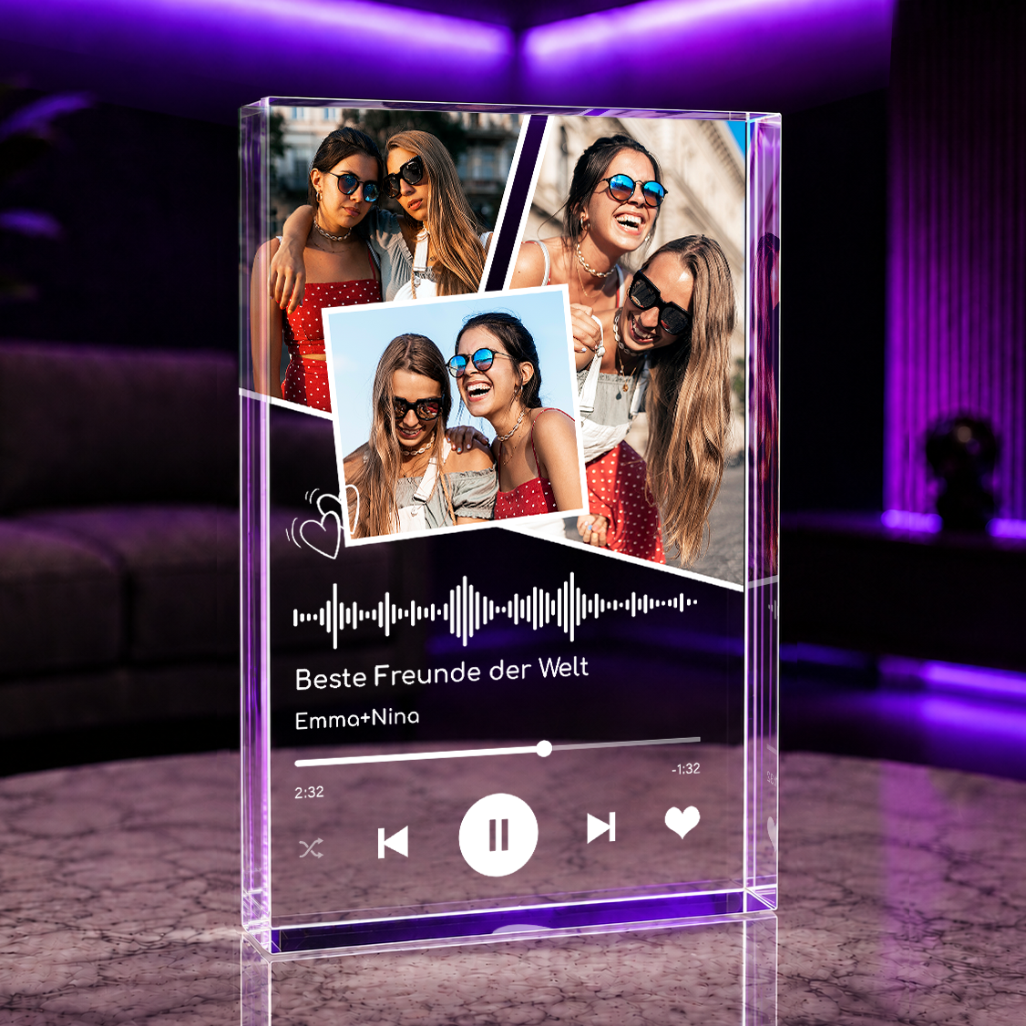 Fotocollage von Freundinnen + Spotify- Druck auf Glas, personalisiertes Geschenk für Freundin