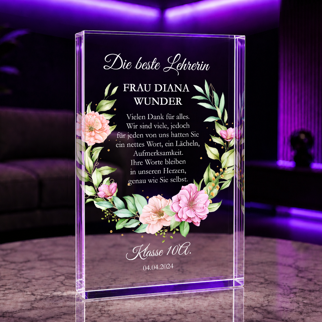Dankeschön - Druck auf Glas, personalisiertes Geschenk für Lehrer