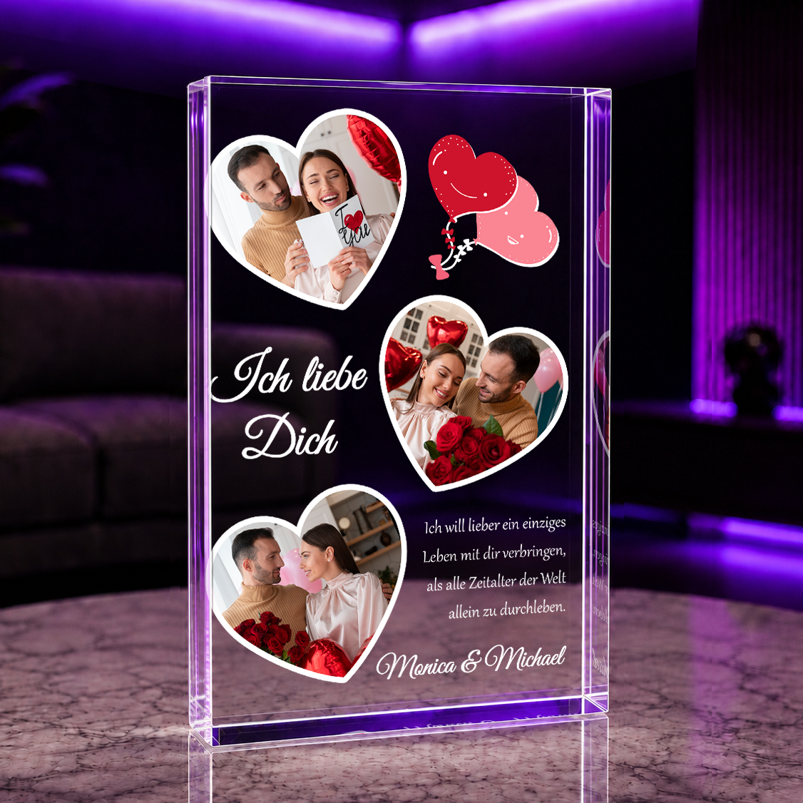 Collage 3 Bildern in Herzen - Druck auf Glas, personalisiertes Geschenk für Paar