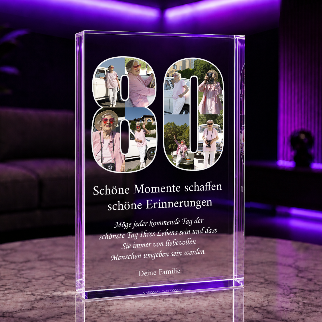 Herzliche Wünsche zum 80. - Druck auf Glas, personalisiertes Geschenk für Oma