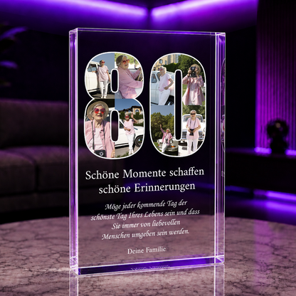 Herzliche Wünsche zum 80. - Druck auf Glas, personalisiertes Geschenk für Oma
