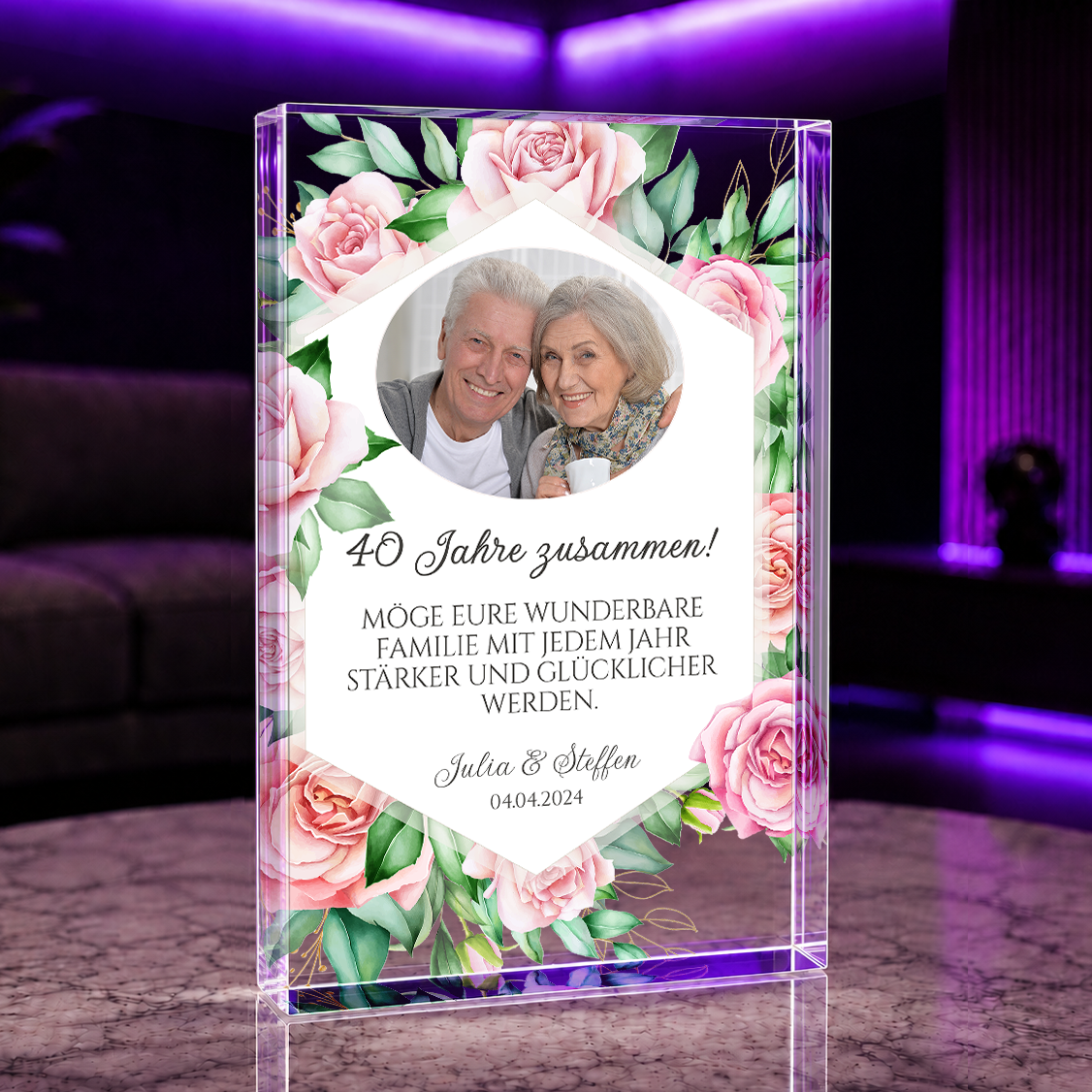 Rubinhochzeit - Druck auf Glas, personalisiertes Geschenk für Paare