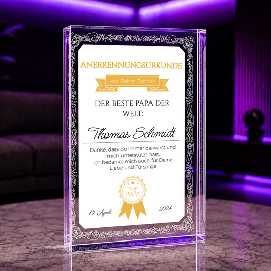 Zertifikat Bester Vater - Druck auf Glas, personalisiertes Geschenk für Papa