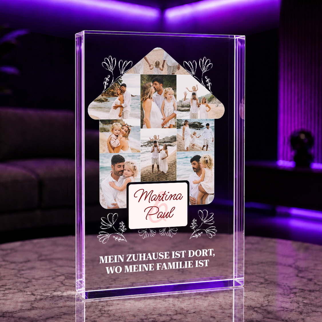 Zuhause ist dort, wo Familie ist - Druck auf Glas, personalisiertes Geschenk für Eltern