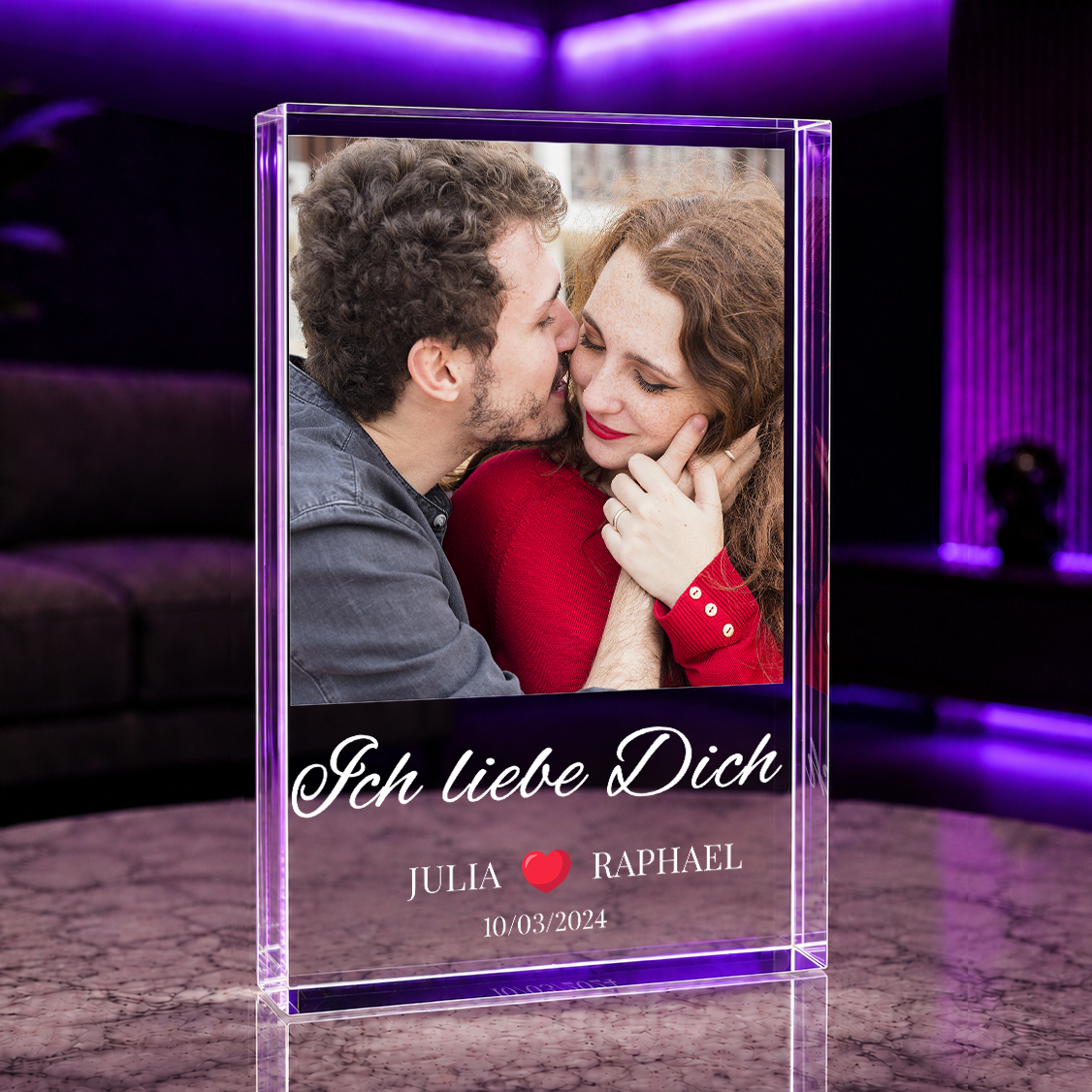 Foto der Liebenden + Aufschrift - Druck auf Glas, personalisiertes Geschenk für Paar