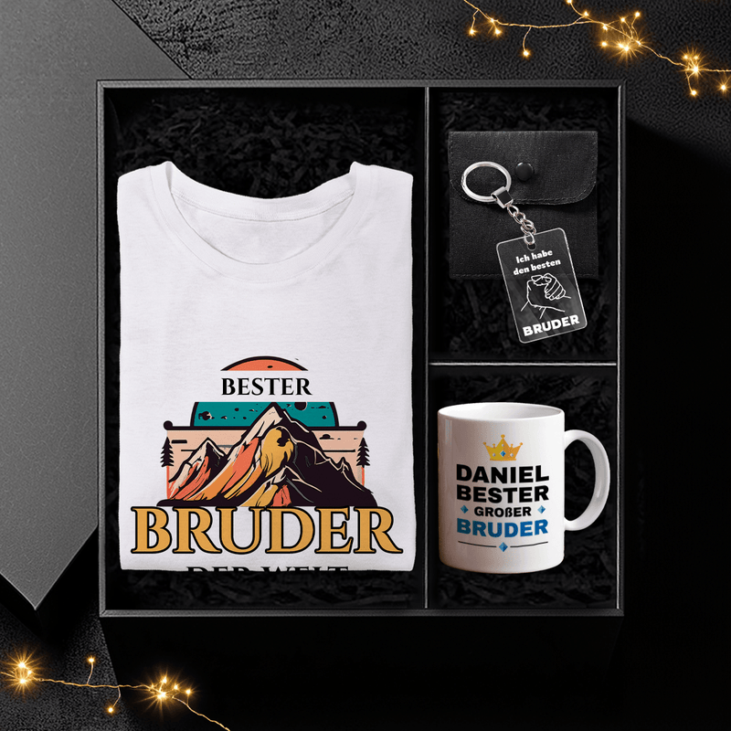 T-Shirt + Tasse + Schlüsselanhänger BRUDER - Geschenkbox, personalisiertes Geschenk für Bruder - Adamell.de