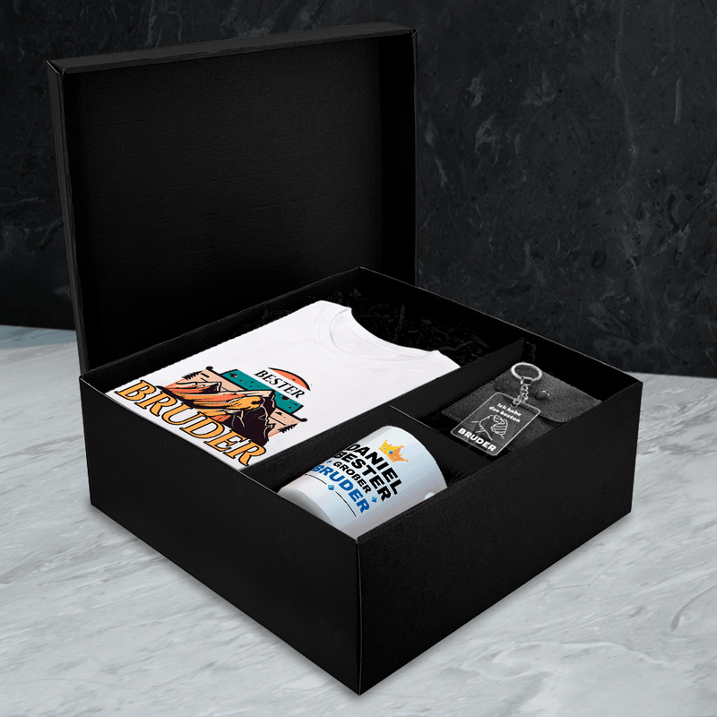 T-Shirt + Tasse + Schlüsselanhänger BRUDER - Geschenkbox, personalisiertes Geschenk für Bruder - Adamell.de