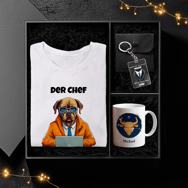 T-Shirt + Tasse + Schlüsselanhänger CHEF - Geschenkbox, personalisiertes Geschenk für Chef - Adamell.de