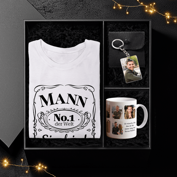 T-Shirt + Tasse + Schlüsselanhänger MANN No.1 - Geschenkbox, personalisiertes Geschenk für Mann - Adamell.de