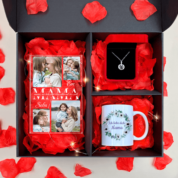 Tasse + Anhänger + Druck auf Glas ICH LIEBE DICH, MAMA - Geschenkset Box 3 in 1, personalisiertes Geschenk für Mama - Adamell.de