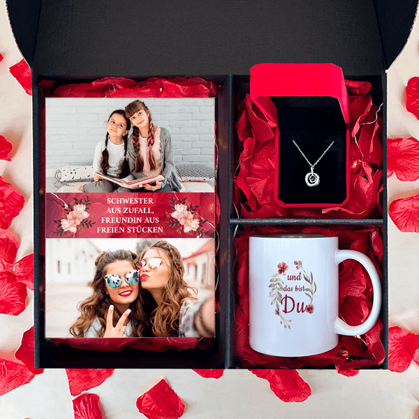 Tasse + Anhänger + druck auf Glas MEINE SCHWESTER - Geschenkset Box 3-in-1, personalisiertes Geschenk für Schwester - Adamell.de