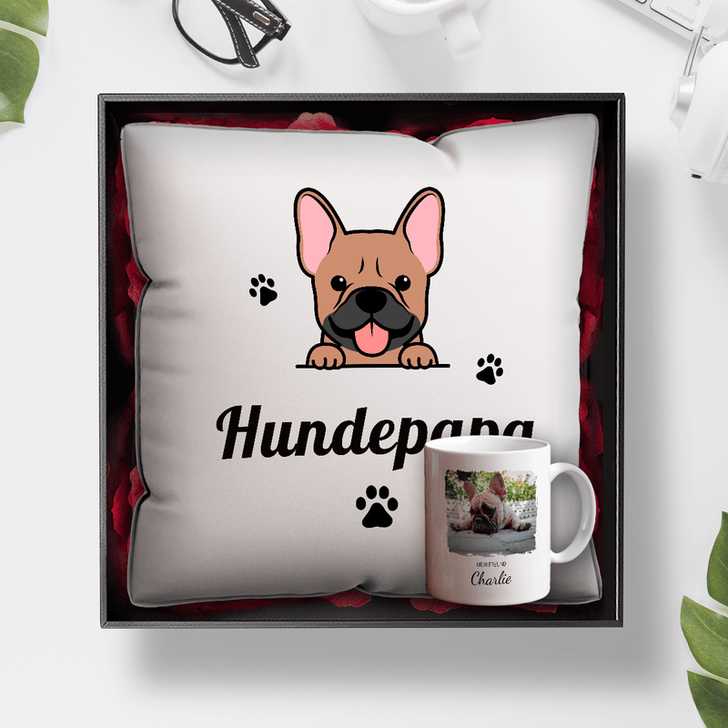 Tasse + bedrucktes Kissen HUNDEPAPA - Geschenkset Box 2 in 1, personalisiertes Geschenk für Hundeliebhaber - Adamell.de