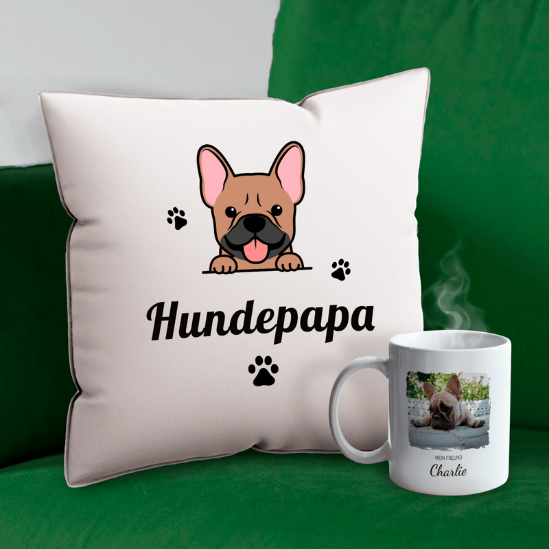 Tasse + bedrucktes Kissen HUNDEPAPA - Geschenkset Box 2 in 1, personalisiertes Geschenk für Hundeliebhaber - Adamell.de