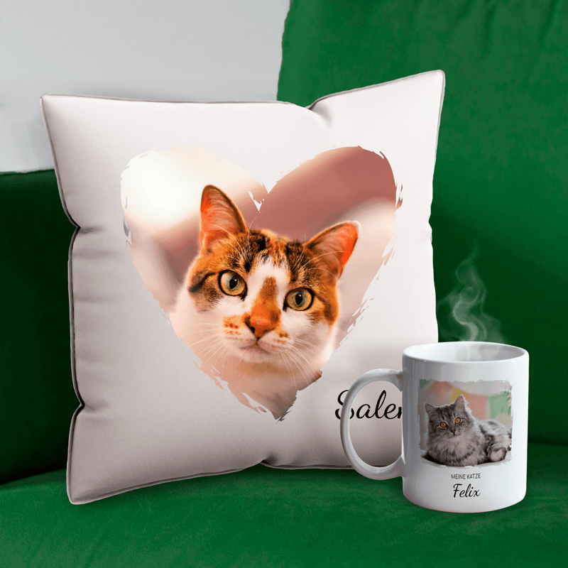 Tasse + bedrucktes Kissen KATZE - Geschenkset Box 2 in 1, personalisiertes Geschenk für Katzenliebhaber - Adamell.de