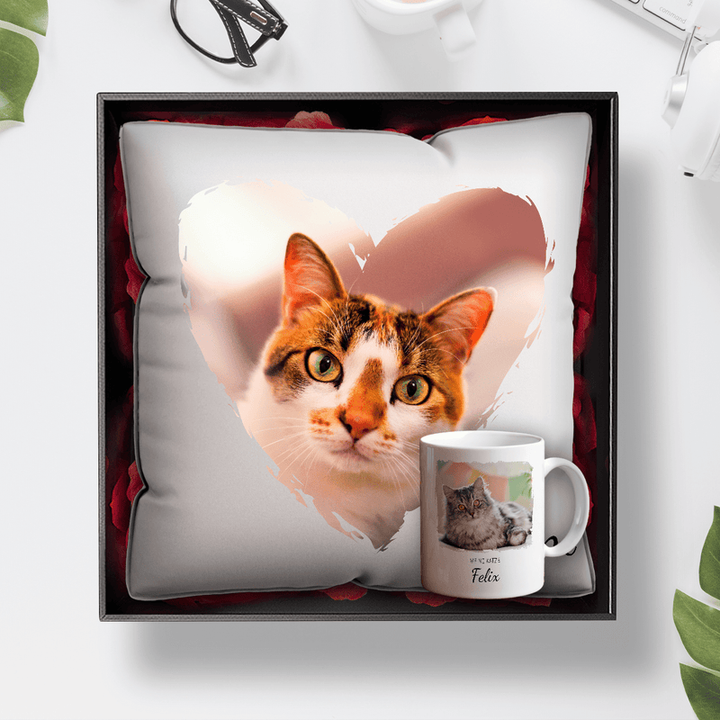 Tasse + bedrucktes Kissen KATZE - Geschenkset Box 2 in 1, personalisiertes Geschenk für Katzenliebhaber - Adamell.de