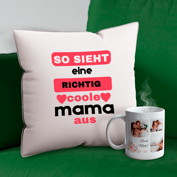 Tasse + bedrucktes Kissen MAMA - Geschenkset Box 2 in 1, personalisiertes Geschenk für Mama - Adamell.de