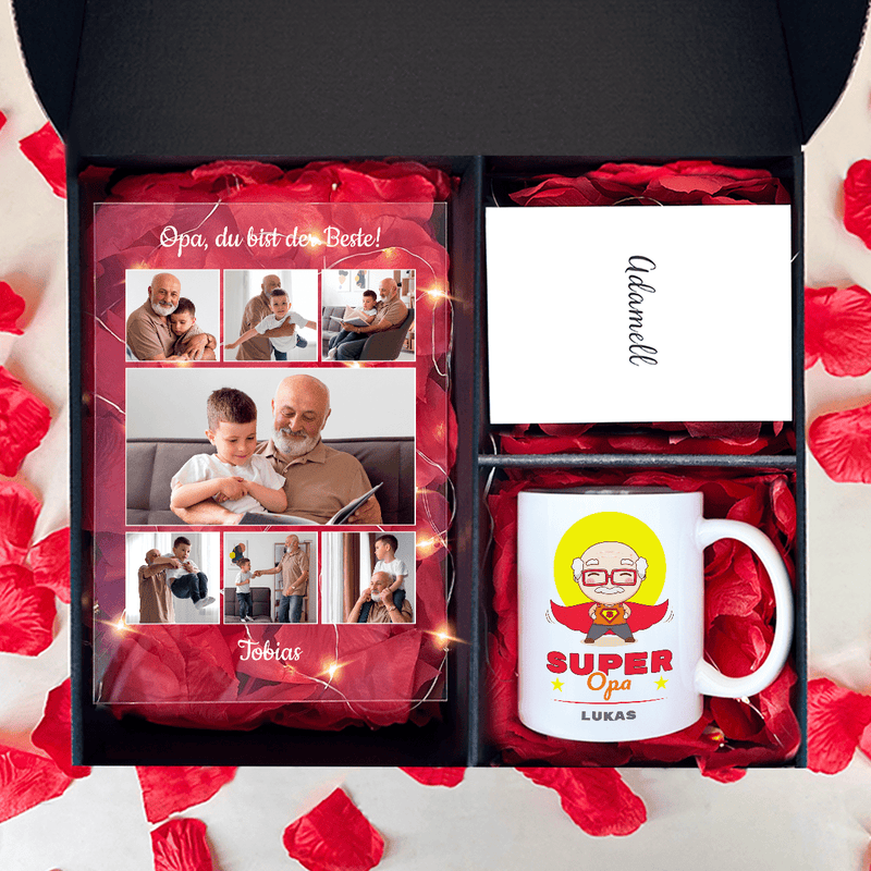 Tasse + Druck auf Glas BESTE OPA - Geschenkset Box 2 in 1, personalisiertes Geschenk für Opa - Adamell.de