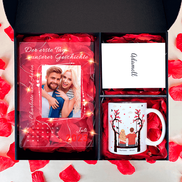 Tasse + Druck auf Glas JAHRESTAG - Geschenkset Box 2 in 1, personalisiertes Geschenk für Paar - Adamell.de